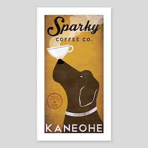 May include: A vintage-style illustration of a brown dog sniffing a white coffee cup with steam rising from it. The text "Sparky Coffee Co." is above the cup and "Kaneohe" is below the dog. The background is yellow with a red "Fresh Roasted" stamp.