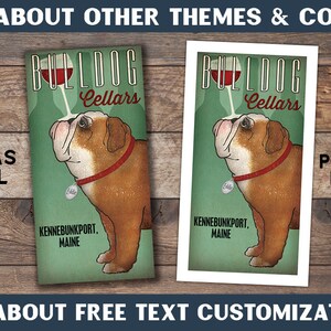 Puede incluir: Un póster de estilo vintage con un bulldog con una copa de vino tinto. El póster dice "Bulldog Cellars" y "Kennebunkport, Maine". El póster está disponible como panel de lienzo o impresión de póster.