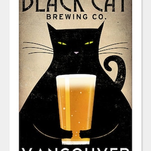 May include: A vintage-style poster for Black Cat Brewing Co. in Vancouver. A black cat with yellow eyes holds a glass of beer.