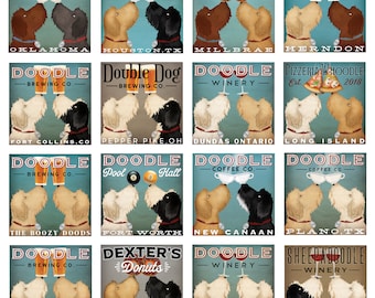 May include: A collection of 16 vintage-style illustrations featuring two doodle dogs in various poses. Each illustration has a different business name and location. The illustrations are in a retro style with bold colors and fonts.