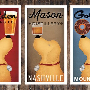 May include: Three vintage-style illustrations featuring a golden retriever dog with a different treat balanced on its nose. The first illustration features a glass of beer with the text "Golden Brewing Co.". The second illustration features a glass of whiskey with the text "Mason Distillery Nashville". The third illustration features a donut with the text "Golden Donuts Mountville".