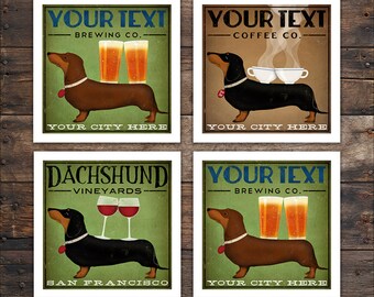 FREE CUSTOMIZATION Brown Black DACHSHUND Wiener Dog Wine Coffee Martini & Beer Brewing graphic art print  - Signed Fowler