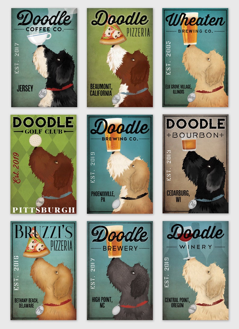 May include: Nine vintage-style illustrations featuring a doodle dog holding various items. Each illustration has a different business name and location. The items include a cup of coffee, a pizza slice, a glass of beer, a golf ball, a glass of bourbon, a pizza slice, a glass of beer, a glass of wine, and a glass of wine.