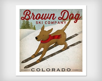 Free Text Customization Brown Dog Ski Company Labrador Retriever GICLEE print  12x12 inches signed