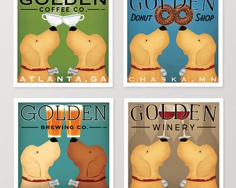 FREE to Personalize - Double GOLDEN Retriever Coffee or Tea Company print 8x8 up to 32x32 inches SIGNED
