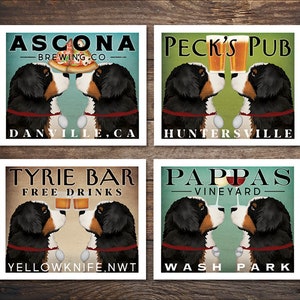Puede incluir: Cuatro carteles cuadrados ilustrados con un par de perros de montaña de Berna con diferentes bebidas y texto. Los carteles dicen "Ascona Brewing Co. Danville, CA", "Peck's Pub Huntersville", "Tyrie Bar Free Drinks Yellowknife, NWT", y "Pappas Vineyard Wash Park".