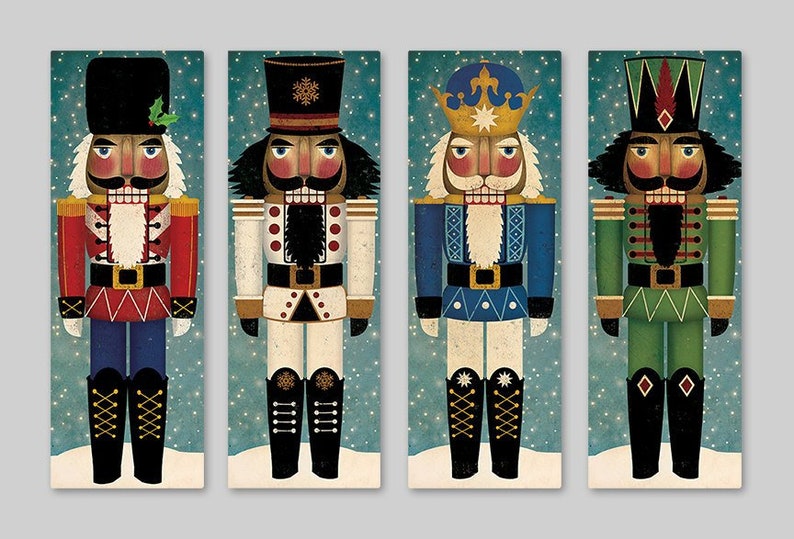 May include: Four illustrated nutcracker figurines with different colored uniforms. The nutcrackers are standing on a blue background with white snowflakes. The nutcrackers are wearing black hats with gold accents. The nutcrackers are holding a weapon in their right hand.