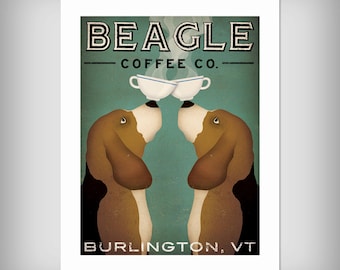 ADD YOUR CITY Personzalized Beagle Coffee Tea Company graphic art giclee print Signed