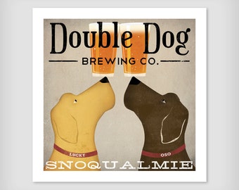 Personalize Customizable -  Yellow Brown Black Double Dog LABRADOR Brewing Company graphic art giclee print SIGNED Black Dog