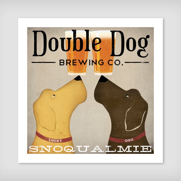 Personalize Customizable -  Yellow Brown Black Double Dog LABRADOR Brewing Company graphic art giclee print SIGNED Black Dog