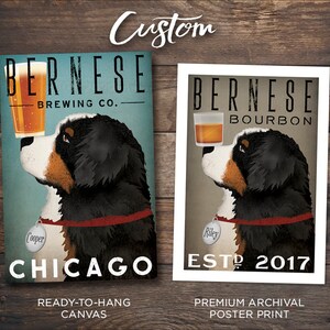 Puede incluir: Dos carteles de estilo vintage con un perro de montaña bernés. El cartel de la izquierda dice "Bernese Brewing Co." y "Chicago" con un perro sosteniendo una cerveza. El cartel de la derecha dice "Bernese Bourbon" y "Est. 2017" con un perro sosteniendo un vaso de bourbon.