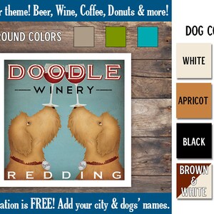 May include: A customizable wine label featuring two doodle dogs with glasses of wine. The label says "Doodle Winery" and "Redding". The background is blue with a woodgrain border. The image includes a color palette for customizing the label with different background colors, dog colors, and themes.