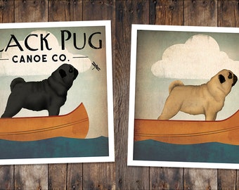 Pug Dog Canoe Ride  ILLUSTRATION Giclee Print OR Canvas signed Pug Dog