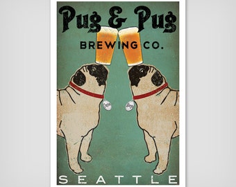 CUSTOM Pug & Pug Brewing Co. Beer  ILLUSTRATION Giclee Print signed