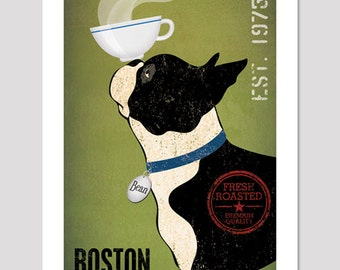 BOSTON TERRIER Free Customization Personalization Coffee Co. ILLUSTRATION Giclee Print signed