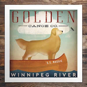 Puede incluir: Una ilustración de estilo vintage de un perro golden retriever de pie en una canoa en el río Winnipeg. La canoa está etiquetada como "S.S. Maggie" y el texto "Golden Canoe Co." está por encima del perro.