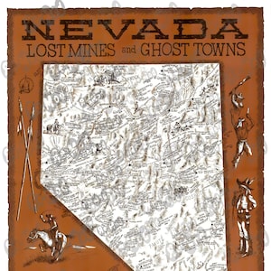 Nevada State Lost Mines Ghost Towns Map Poster Print decoración del hogar Arte de la pared dibujo decoración sin marco Viejo Oeste