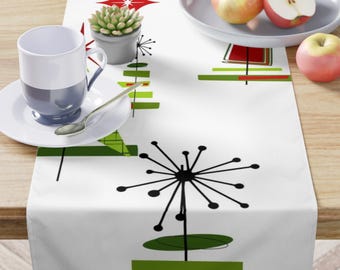 Christmas Table Runner Mid Century Modern Retro Atomic Scandinavian White Tinsel Trees Holiday MCM