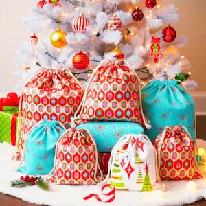 Cloth Gift Bag for Mid Century Modern Christmas MCM Quality Drawstring Pouch 1950s 1960s Retro Vintage style Fabric Holiday decor Cotton
