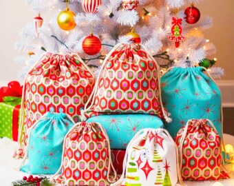 Cloth Gift Bag for Mid Century Modern Christmas MCM Quality Drawstring Pouch 1950s 1960s Retro Vintage style Fabric Holiday decor Cotton
