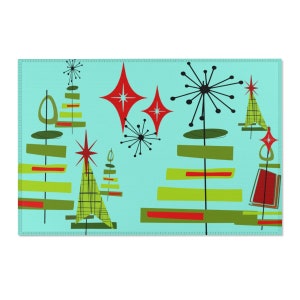Mid Century Modern MCM Christmas Holiday Festive Area Rug Mat Blue