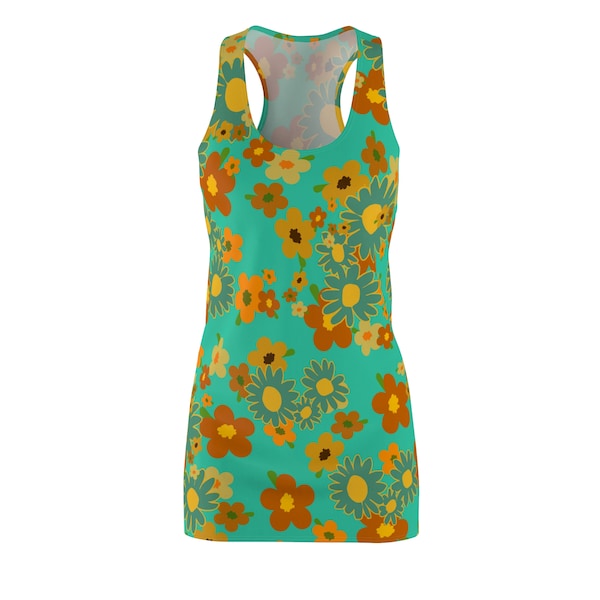 Flower Power bleu sarcelle vert orange floral (années 70) années 60 60 robe de style vêtements de mode rétro pour femme petite moyenne grande