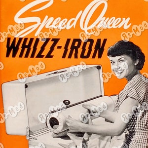 Cartel vintage de Speed Queen con ama de casa planchando, años 50, color naranja