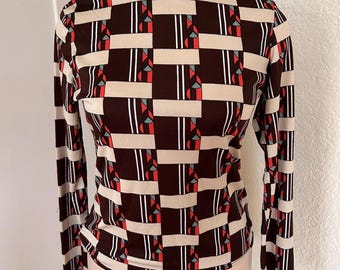 Vtg 70er 80er 90er Jahre Mod Geometrisch Braun Creme dehnbar Langarmshirt Damen med