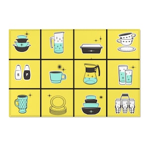 May include: A yellow kitchen themed placemat with a grid of 12 squares. Each square features a different retro-style kitchen item in black, white, and blue. The items include a pitcher, a coffee pot, a cup, a bowl, a plate, glasses, salt and pepper shakers, and a dish.
