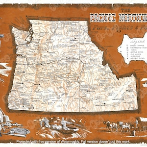 PNW Pacífico Noroeste Washington Oregon Idaho Mapa del Estado Histórico Póster Impresión Arte de pared sin marco