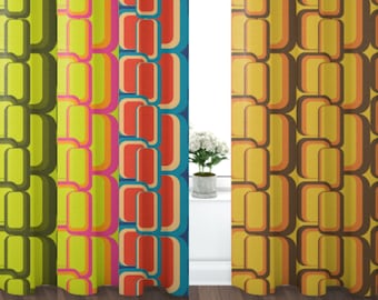Curtain Blackout or Sheer Panel Vintage Style Retro 60s 70s Modern Geometric Yellow Brown Pink Red 70s6
