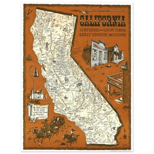 Mines d'or de l'État de Californie, villes fantômes, historique d'Americana, carte, impression sans cadre, dessin au trait art mural, affiche Larry Toschik