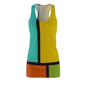 Mondrian Color Block Blue Yellow Orange Green (60s2) 1960s 60s Style Dress Retro Fashion Clothing for Women Small Medium Large