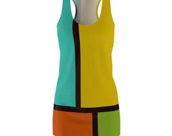 Mondrian Color Block Blue Yellow Orange Green (60s2) 1960s 60s Style Dress Retro Fashion Clothing for Women Small Medium Large