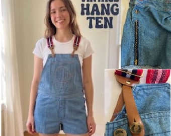 Salopette courte vintage Hang Ten Denim années 70, motif arc-en-ciel, taille XS 2/4.