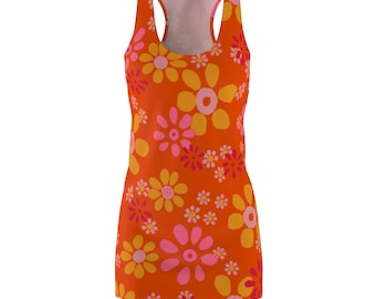 Flower power floral Pink Orange Yellow (Flwr2) 1960s 60s Style Dress Retro Fashion Clothing for Women Small Medium Large