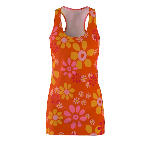 Flower power floral rose orange jaune (Flwr2) robe style années 60 60 vêtements de mode rétro pour femme petite moyenne grande