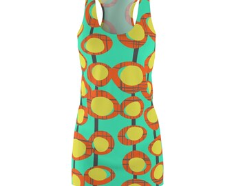 Tiki Mid mod Orange Yellow green blue (MM32) 1960s 60s Style Dress Retro Fashion Clothing for Women Small Medium Large