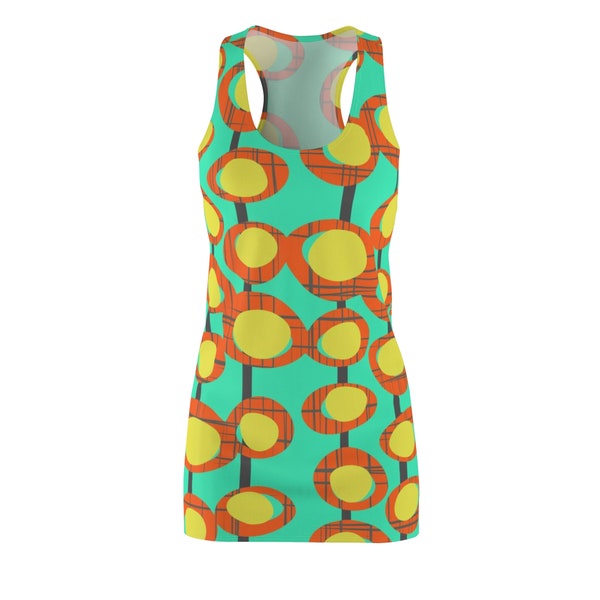 Tiki Mid mod orange jaune vert bleu (MM32) des années 1960 des années 1960 robe de style rétro vêtements de mode pour les femmes petites moyennes grandes