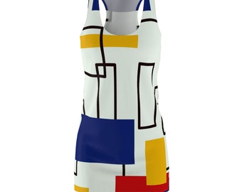 Mondrian Color Block Black White Blue Yellow Red 1960s 60s Style Dress Retro Fashion Clothing for Women Small Medium Large