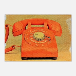 May include: A vintage red rotary dial phone with a yellow dial and a coiled cord. The phone is on a yellow and brown patterned background.