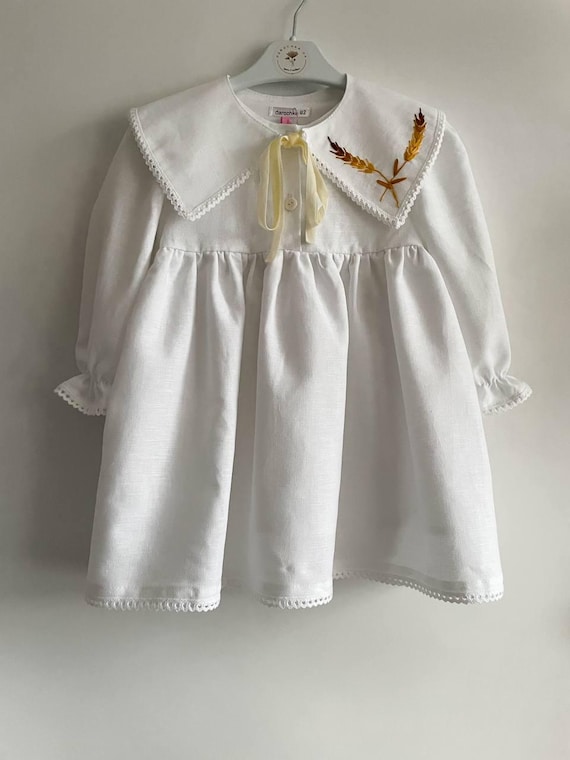 Vintage-inspired White Linen-cotton Toddler Dress With Embroidered