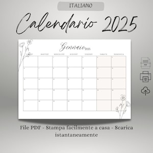 Calendario Mensile 2025 Planner Elegante Orizzontale Minimalista Inizio Domenica e Lunedì Calendario da Parete A4 2025 PDF Stampabile