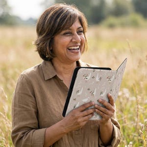 Op de afbeelding: Een vrouw houdt een tablethoes vast met een beige achtergrond en een patroon van witte ganzen en bloemaccenten. De hoes is open en onthult het scherm. De vrouw lacht en staat in een veld met hoog gras.