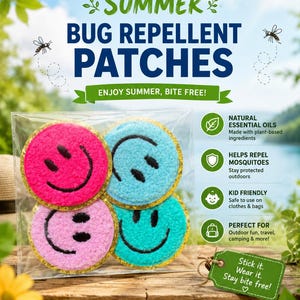 May include: Four circular fuzzy patches in pink, light pink, blue, and teal, each featuring a black embroidered smiley face. The patches are packaged in a clear plastic bag with text reading SUMMER BUG REPELLENT PATCHES, ENJOY SUMMER, BITE FREE!