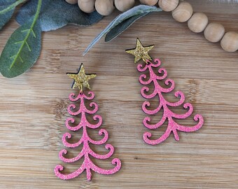 3D printed Christmas Tree Earrings, Fancy Christmas Tree Dangles, Christmas Party Earrings, Long Dangle Sparkly Earrings, Glittery Dangles