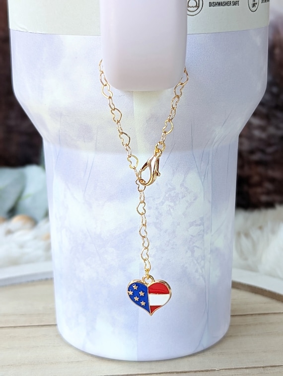 Stanley Tumbler Patriotic American Flag Heart Charm Handle Dangle Charm  Gold Heart Chain Charm 40oz Quencher Stanley Tumbler Accessory Gift 