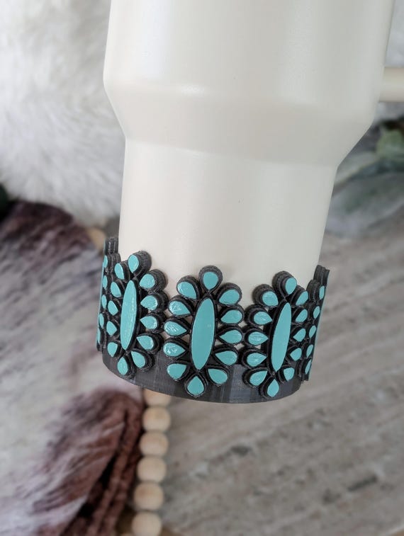 Turquoise Squash Blossom Hand Painted Tumbler Boot or Bangle for Stanley, Sleeve, 3D Printed Protective Boot, Western Cowgirl Concho Jewelry