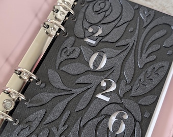 Decorative Dashboard Planner Dated 2027 Embossed Design Cutout Floral Hearts Decor for Planner Minimalist Black Insert for A5 A6 3D Printed