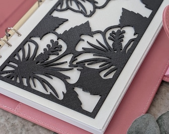 Decorative Dashboard Planner Black and White Hibiscus Design Cutout Floral Decor for Planner Minimalist Black Insert for A6 A5 3D Printed